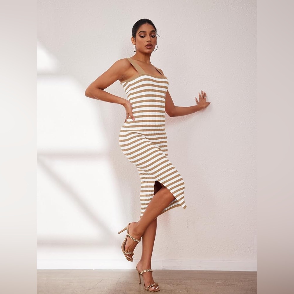 Merokeety Ribbed Knit Khaki & White Striped Bodycon Midi SleevelessSweater Dress